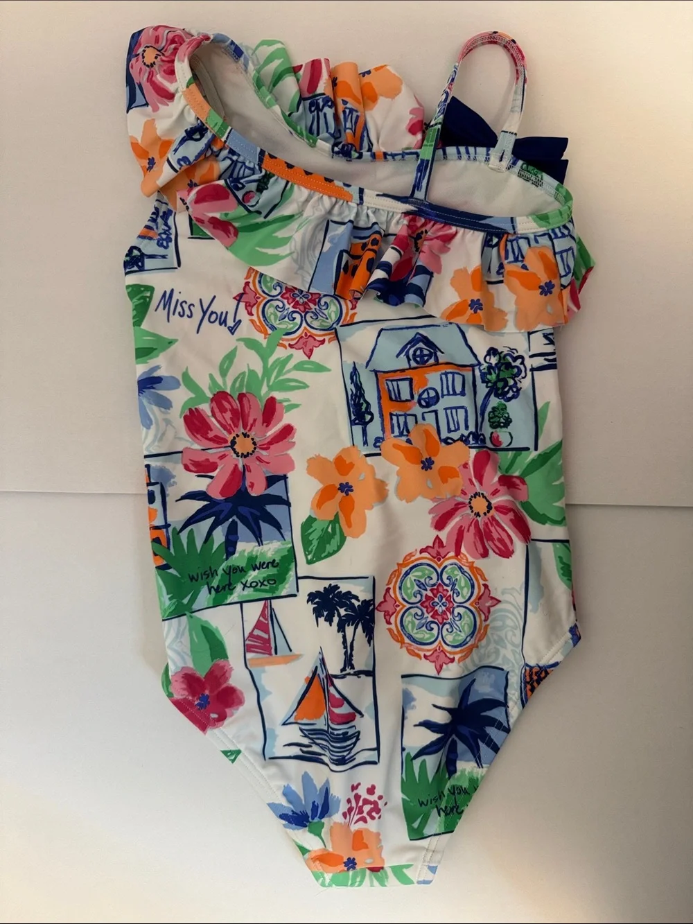 Gymboree White One-Shoulder Floral Sailboat One-Piece Swimsuit with Navy Bow